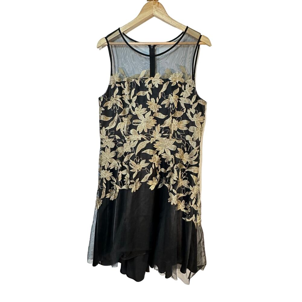 TAHARI ASL gold embroidered floral dress black‎ sheer party cocktail woman's 12